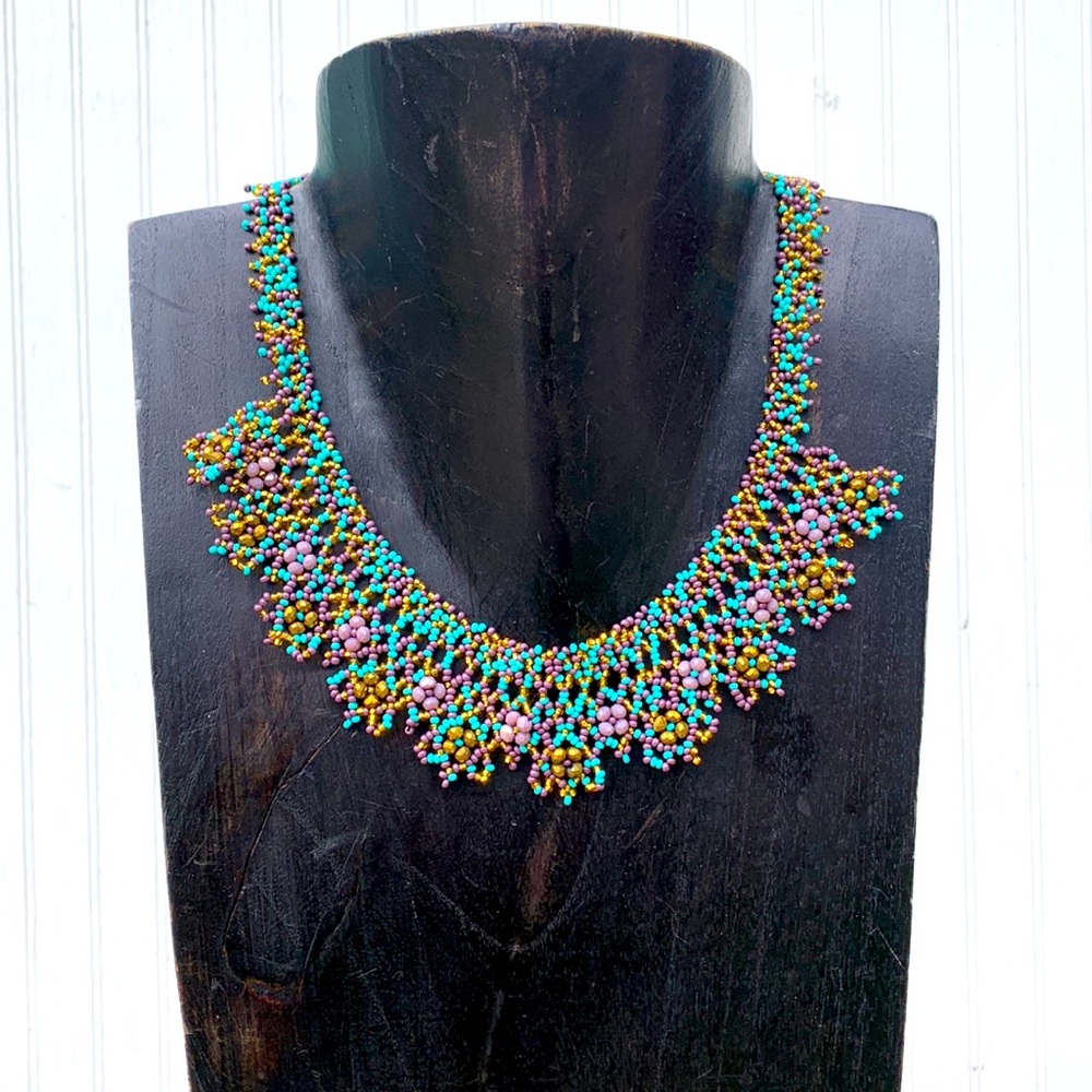 Floral bib necklace handmade seed beads turquoise gold lilac